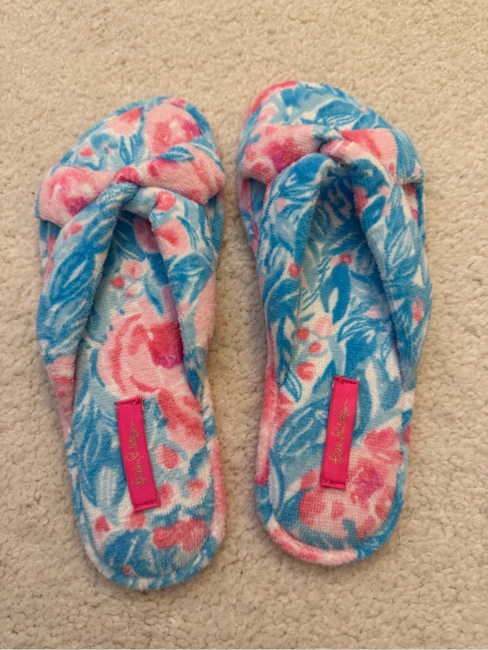 Lilly Pulitzer Pink & Blue Floral Plush Slide Slippers